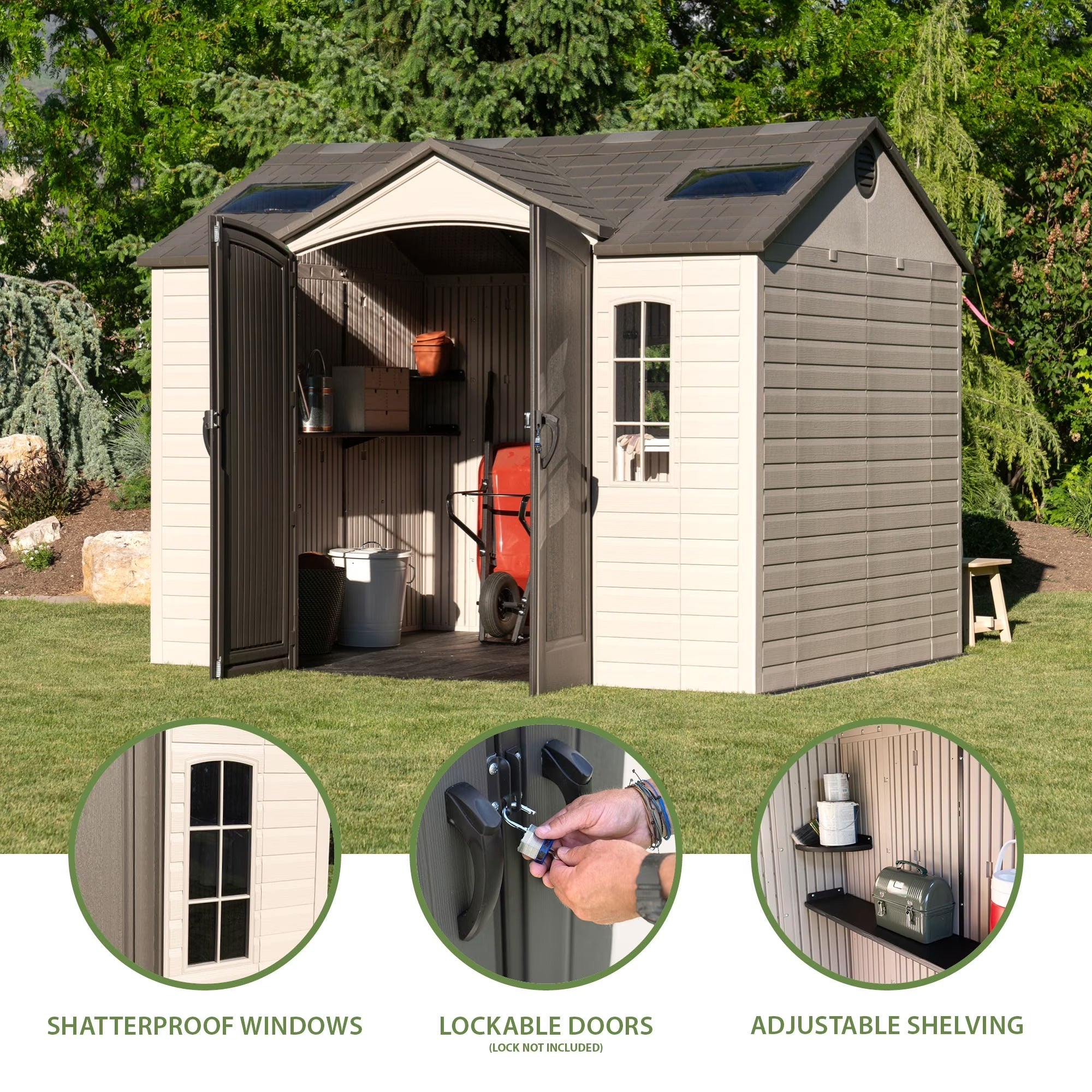 Outdoor Storage Shed Lockable 10x8 Tan Brown Resin
