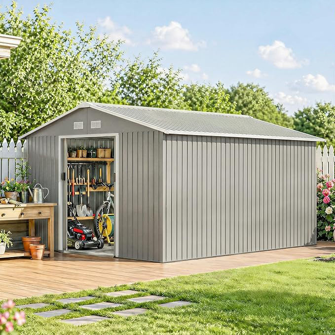 Metal Outdoor Storage Shed Lockable 11x13 Light Gray