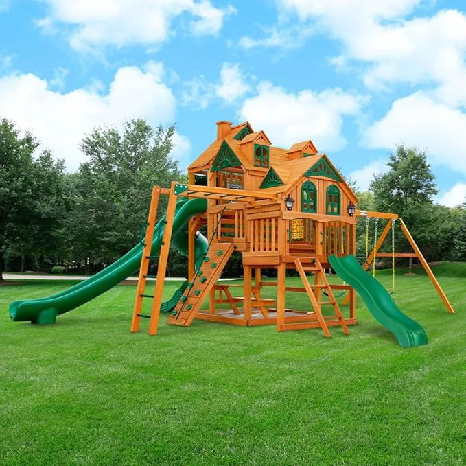 Cedar Wooden Extreme Swing Set Multi Slide Tower Playset