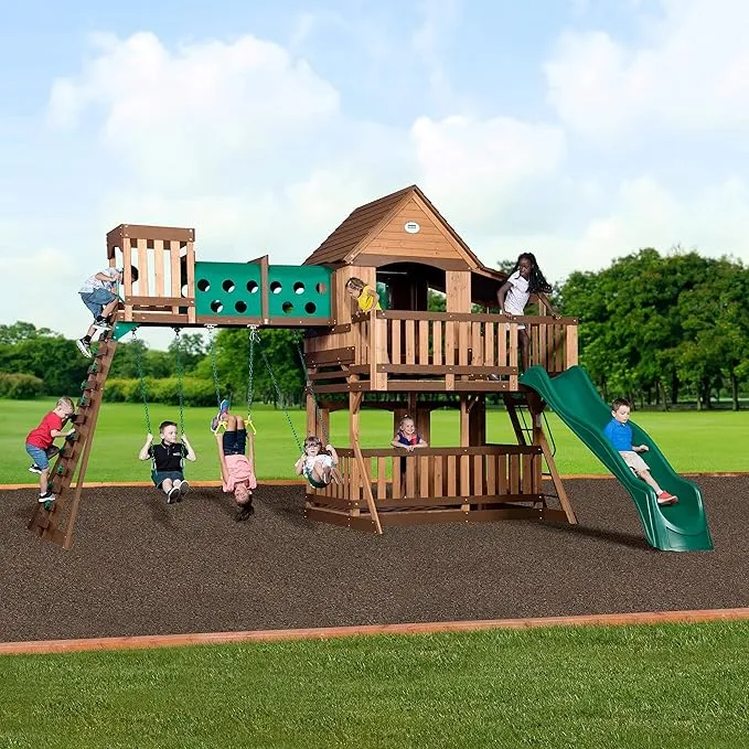 Wooden Outdoor Swing Set With Slide Playset