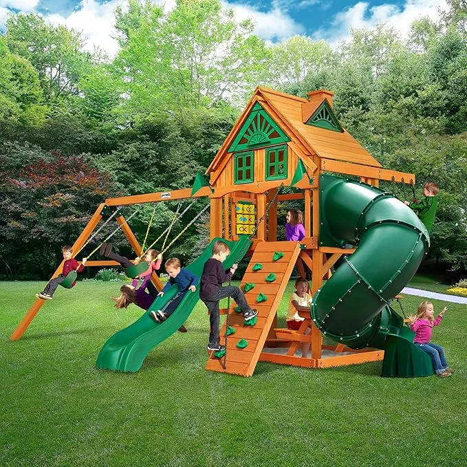 Cedar Treehouse Wooden Swing Set With Tube Slide Playset