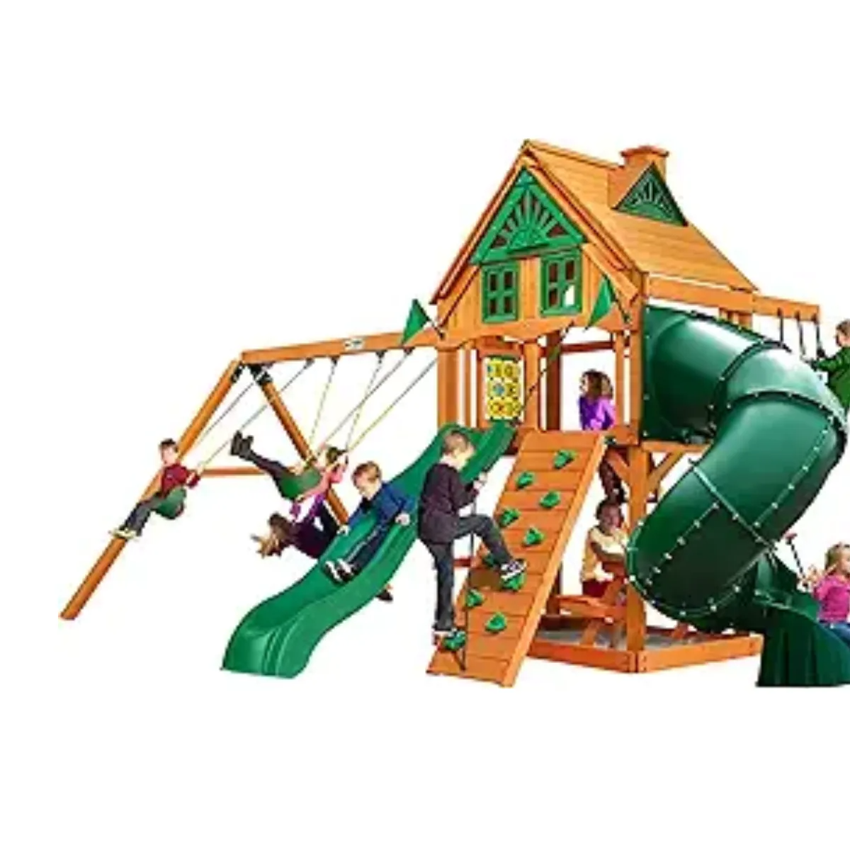 Cedar Treehouse Wooden Swing Set With Tube Slide Playset