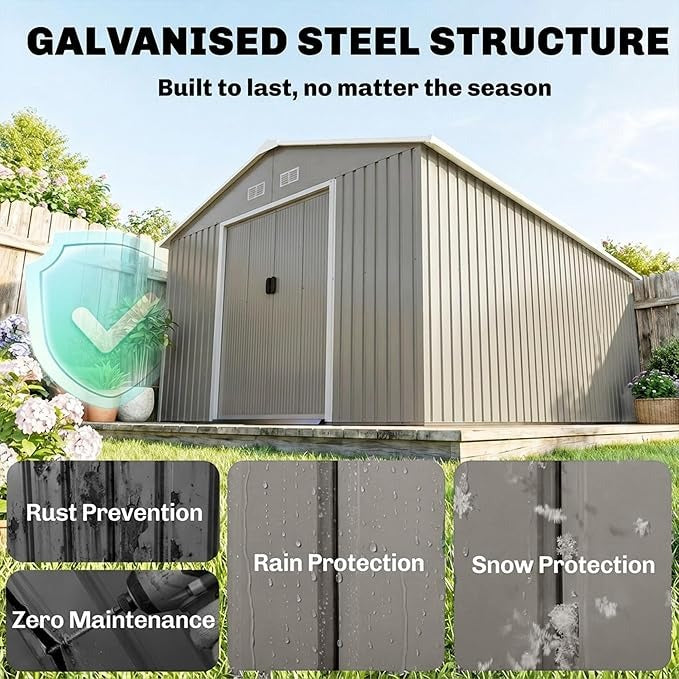 Metal Outdoor Storage Shed Lockable 11x13 Light Gray
