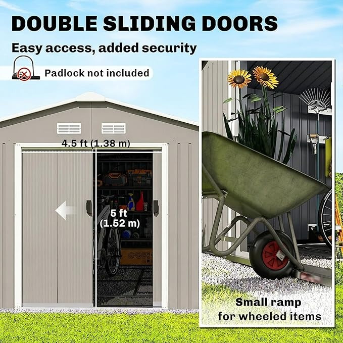 Metal Outdoor Storage Shed Lockable 11x13 Light Gray