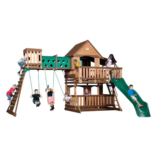 Wooden Outdoor Swing Set With Slide Playset