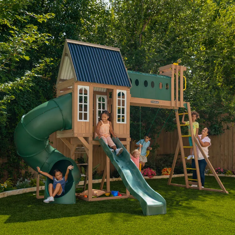 Wooden Resort Swing Set With Tube Slide